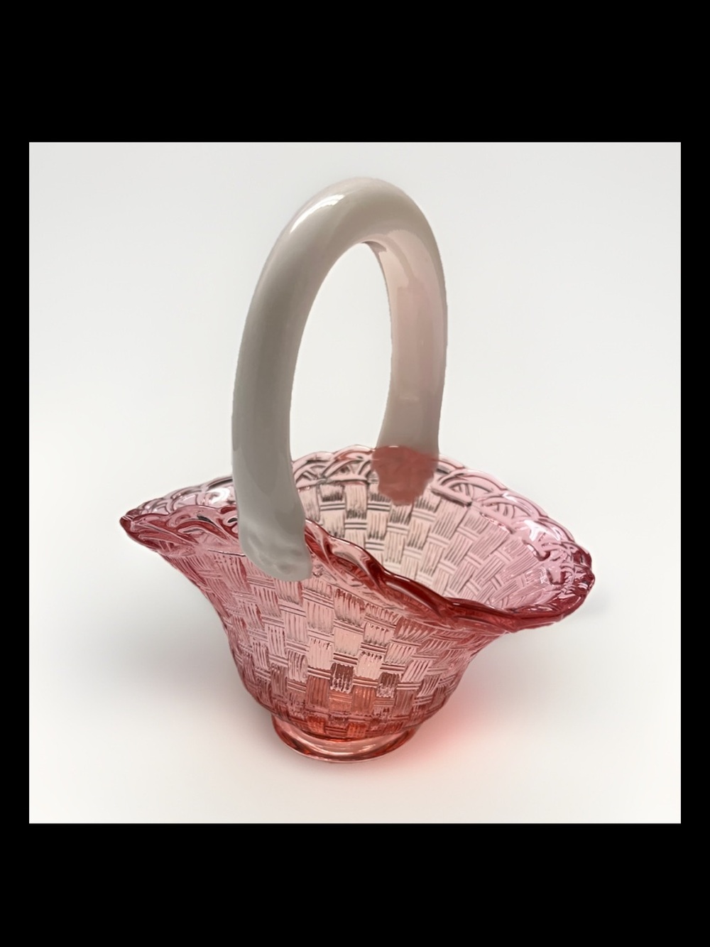 Antique Fenton Cranberry Glass Basket Milk-white Handle Basketweave Design 7”